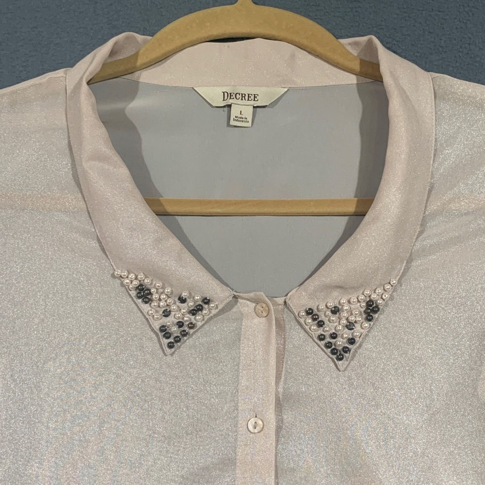 Decree‎ Womens Sheer Blouse Size L Pearlcore Collar Blouse Large High Low